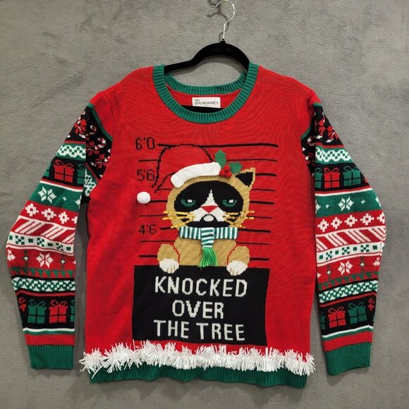 Ugly Christmas Sweater Grumpy Cat Knocked Over The Tree Size XXL Party - Picture 1 of 6